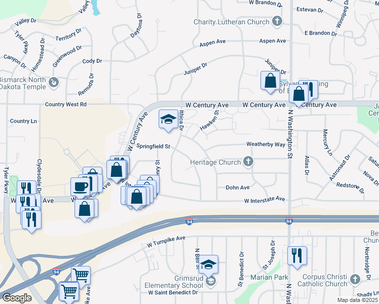 map of restaurants, bars, coffee shops, grocery stores, and more near 2726 Stevens St in Bismarck