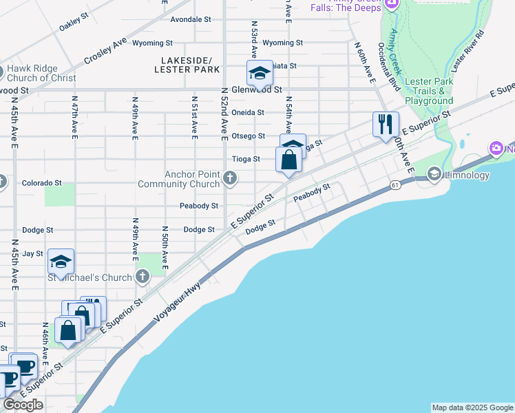 map of restaurants, bars, coffee shops, grocery stores, and more near 5298 East Superior Street in Duluth