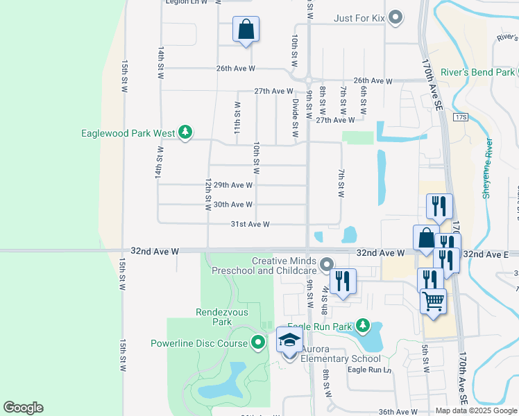 map of restaurants, bars, coffee shops, grocery stores, and more near 10th Street West in West Fargo
