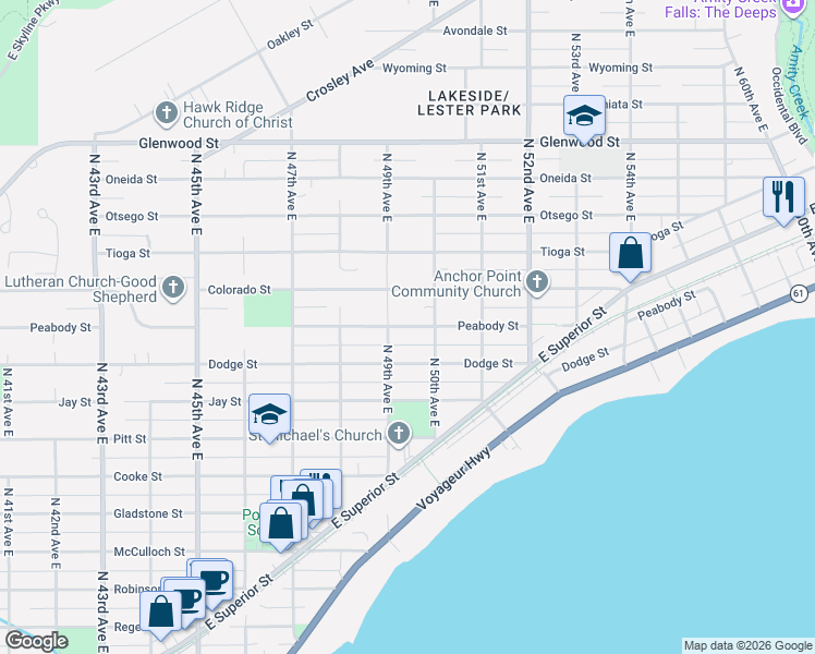 map of restaurants, bars, coffee shops, grocery stores, and more near 4908 Colorado Street in Duluth