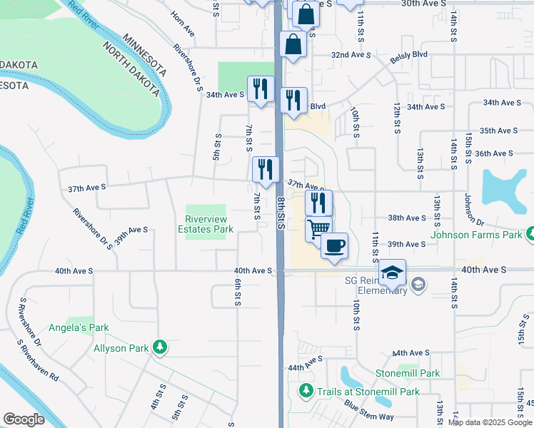 map of restaurants, bars, coffee shops, grocery stores, and more near 3803 8th Street South in Moorhead