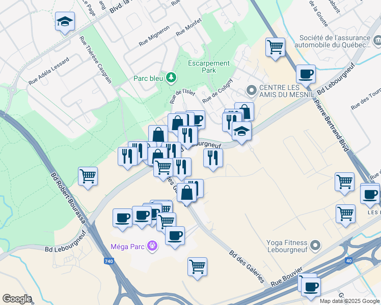 map of restaurants, bars, coffee shops, grocery stores, and more near 1305 Boulevard Lebourgneuf in Québec