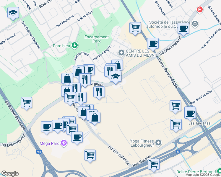 map of restaurants, bars, coffee shops, grocery stores, and more near 1150 Boulevard Lebourgneuf in Québec