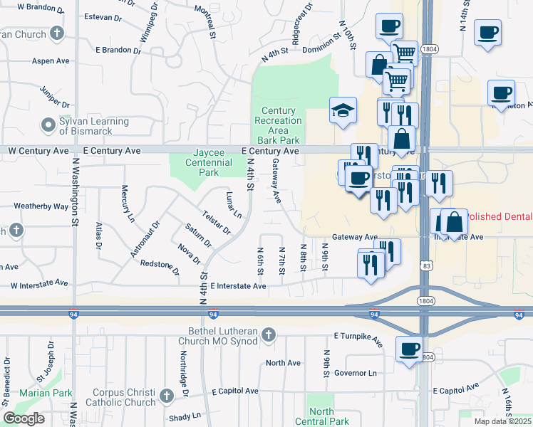 map of restaurants, bars, coffee shops, grocery stores, and more near 2710 Gateway Avenue in Bismarck