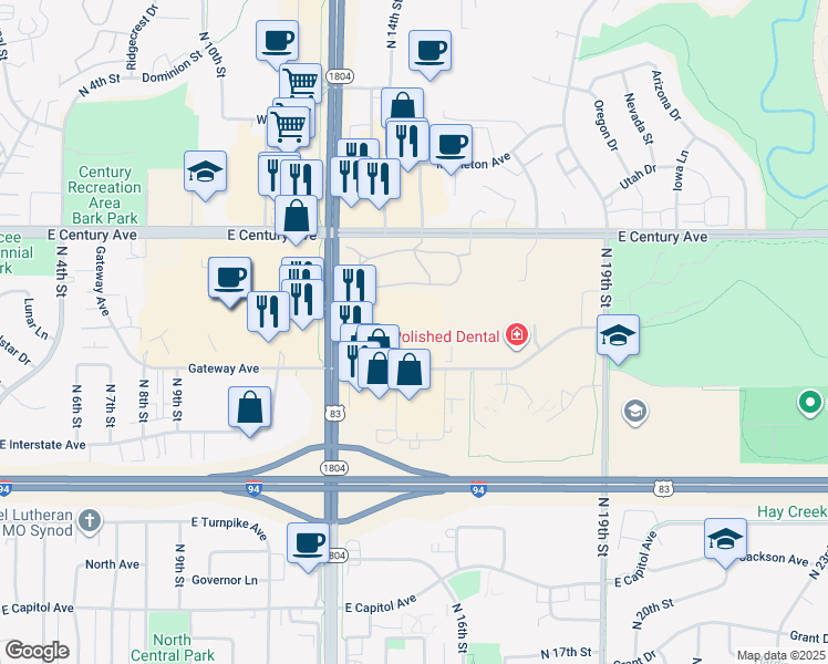 map of restaurants, bars, coffee shops, grocery stores, and more near 2625 State Street in Bismarck