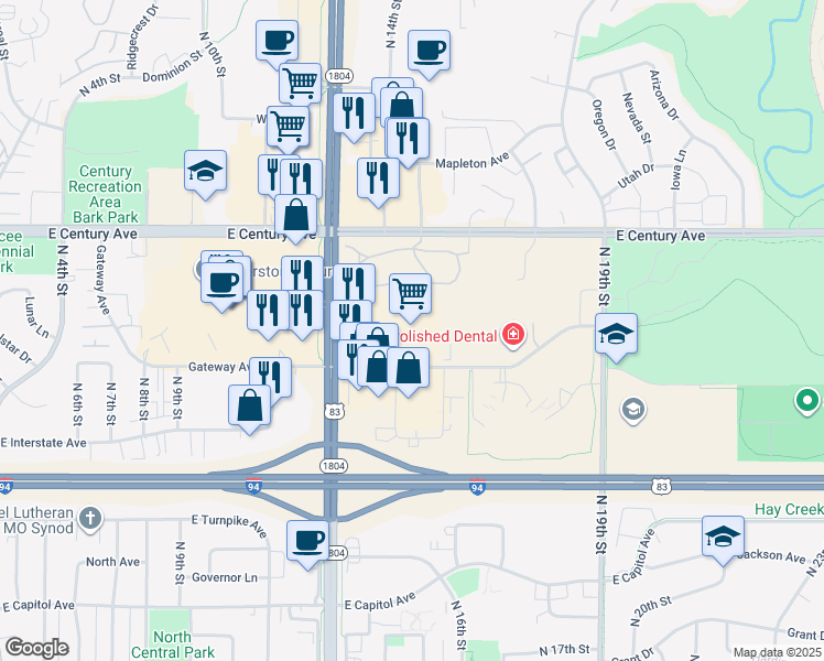 map of restaurants, bars, coffee shops, grocery stores, and more near 2625 State Street in Bismarck