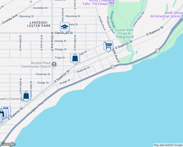 map of restaurants, bars, coffee shops, grocery stores, and more near 21 South 57th Avenue East in Duluth