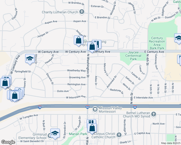 map of restaurants, bars, coffee shops, grocery stores, and more near 302 Weatherby Way in Bismarck