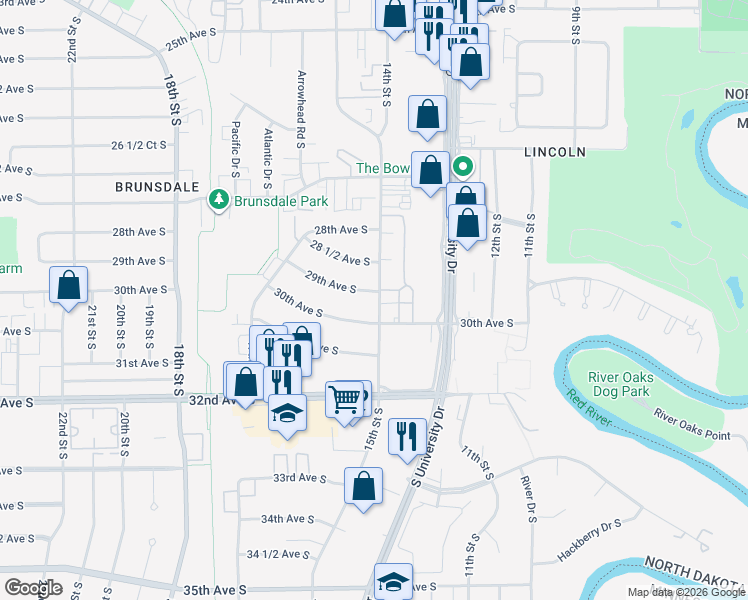 map of restaurants, bars, coffee shops, grocery stores, and more near 1505 29th Avenue South in Fargo