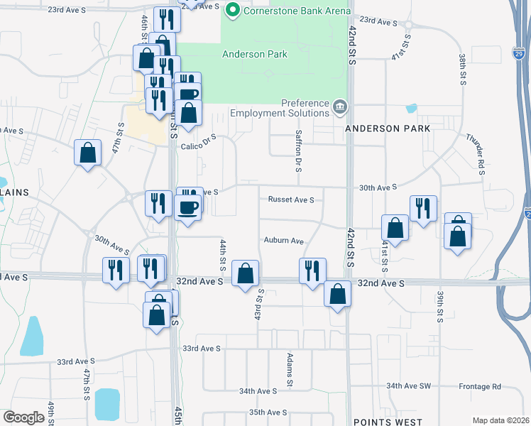 map of restaurants, bars, coffee shops, grocery stores, and more near 4288 Russet Avenue South in Fargo