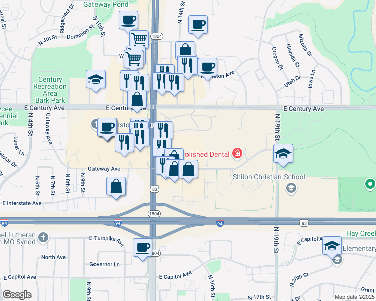 map of restaurants, bars, coffee shops, grocery stores, and more near 2625 State Street in Bismarck