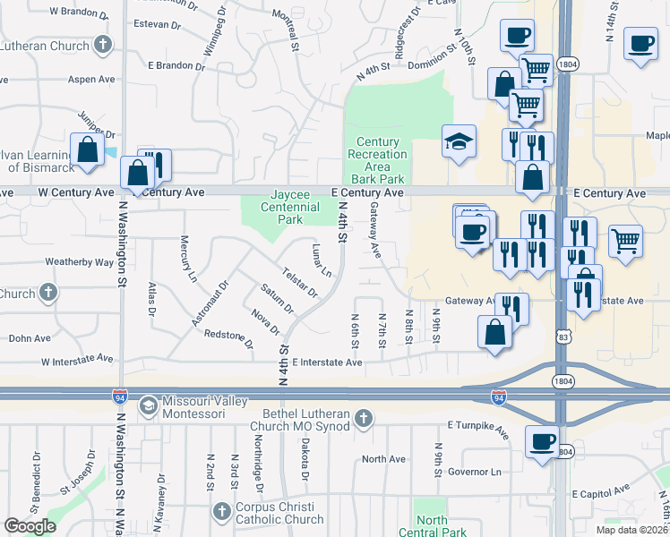 map of restaurants, bars, coffee shops, grocery stores, and more near 2714 N 4th St in Bismarck