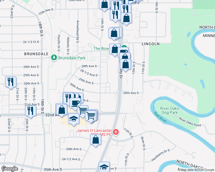 map of restaurants, bars, coffee shops, grocery stores, and more near 1441 30th Avenue South in Fargo