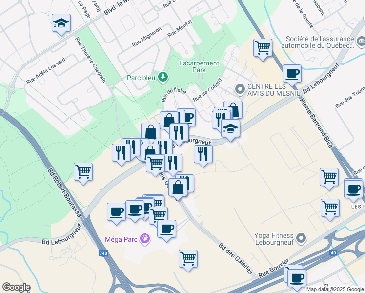 map of restaurants, bars, coffee shops, grocery stores, and more near 1305 Boulevard Lebourgneuf in Québec