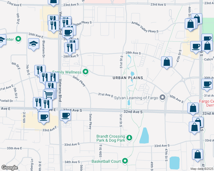 map of restaurants, bars, coffee shops, grocery stores, and more near 5225 31st Avenue South in Fargo