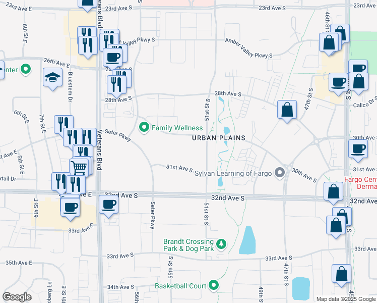 map of restaurants, bars, coffee shops, grocery stores, and more near 5225 31st Avenue South in Fargo