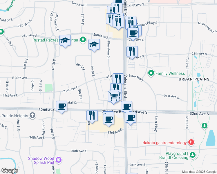 map of restaurants, bars, coffee shops, grocery stores, and more near 745 31st Avenue East in West Fargo