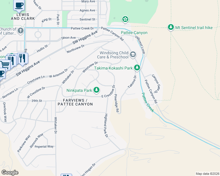 map of restaurants, bars, coffee shops, grocery stores, and more near 113 Pineridge Drive in Missoula