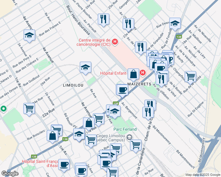 map of restaurants, bars, coffee shops, grocery stores, and more near 1900 Avenue Bergemont in Ville de Québec
