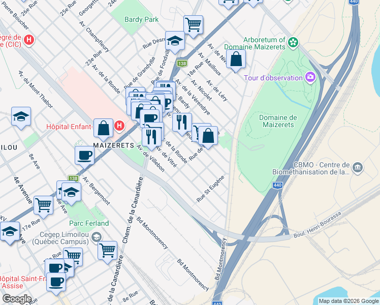 map of restaurants, bars, coffee shops, grocery stores, and more near 1421 Maufils Avenue in Quebec City