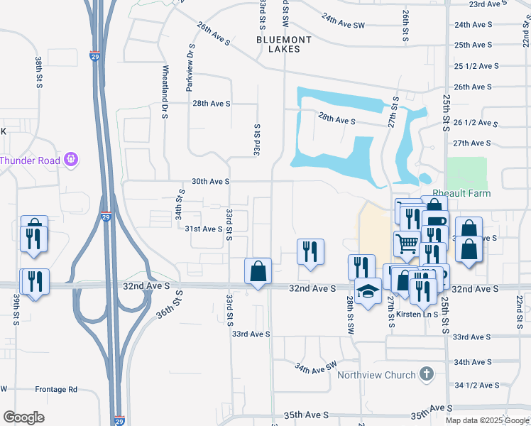map of restaurants, bars, coffee shops, grocery stores, and more near 3101 32nd Street South in Fargo