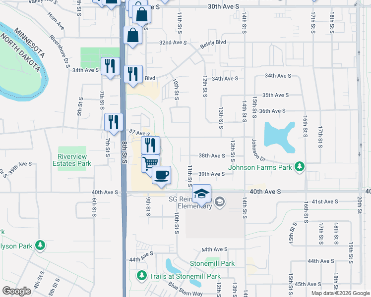 map of restaurants, bars, coffee shops, grocery stores, and more near 1105 37th Avenue South in Moorhead