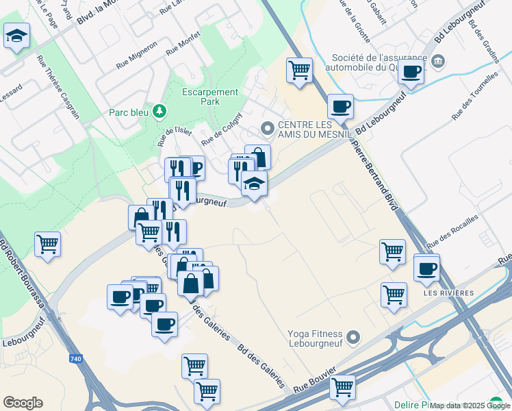 map of restaurants, bars, coffee shops, grocery stores, and more near 1165 Boulevard Lebourgneuf in Québec