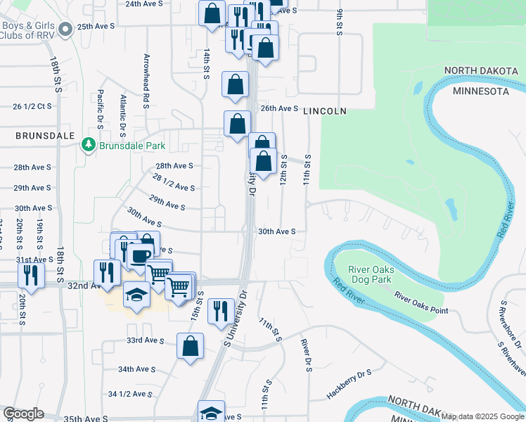 map of restaurants, bars, coffee shops, grocery stores, and more near 2902 South University Drive in Fargo