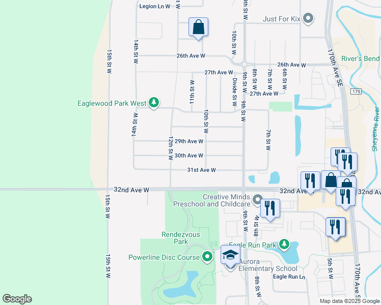 map of restaurants, bars, coffee shops, grocery stores, and more near 1036 West 30 Avenue in West Fargo