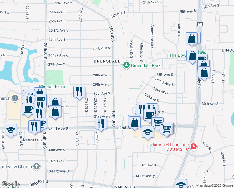 map of restaurants, bars, coffee shops, grocery stores, and more near 3002 18th Street South in Moorhead