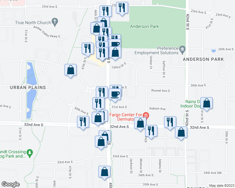 map of restaurants, bars, coffee shops, grocery stores, and more near 4462 30th Avenue South in Fargo