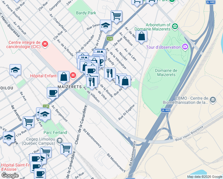 map of restaurants, bars, coffee shops, grocery stores, and more near 1461 Avenue Maufils in Québec