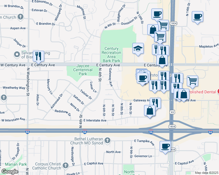 map of restaurants, bars, coffee shops, grocery stores, and more near 2710 Gateway Avenue in Bismarck