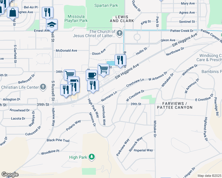 map of restaurants, bars, coffee shops, grocery stores, and more near 815 Southwest Higgins Avenue in Missoula