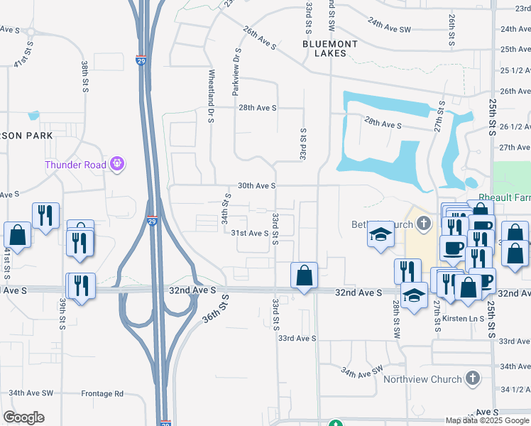 map of restaurants, bars, coffee shops, grocery stores, and more near 3055 33rd Street South in Fargo