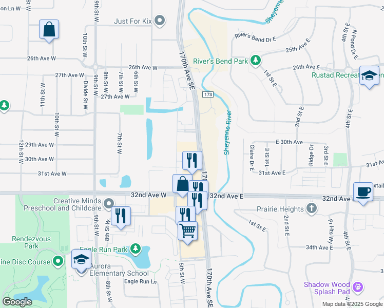 map of restaurants, bars, coffee shops, grocery stores, and more near 2920 Sheyenne Street in West Fargo