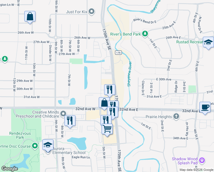 map of restaurants, bars, coffee shops, grocery stores, and more near 2920 Sheyenne Street in West Fargo