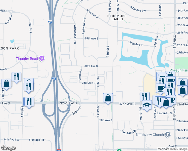 map of restaurants, bars, coffee shops, grocery stores, and more near 3031 33rd Street South in Fargo