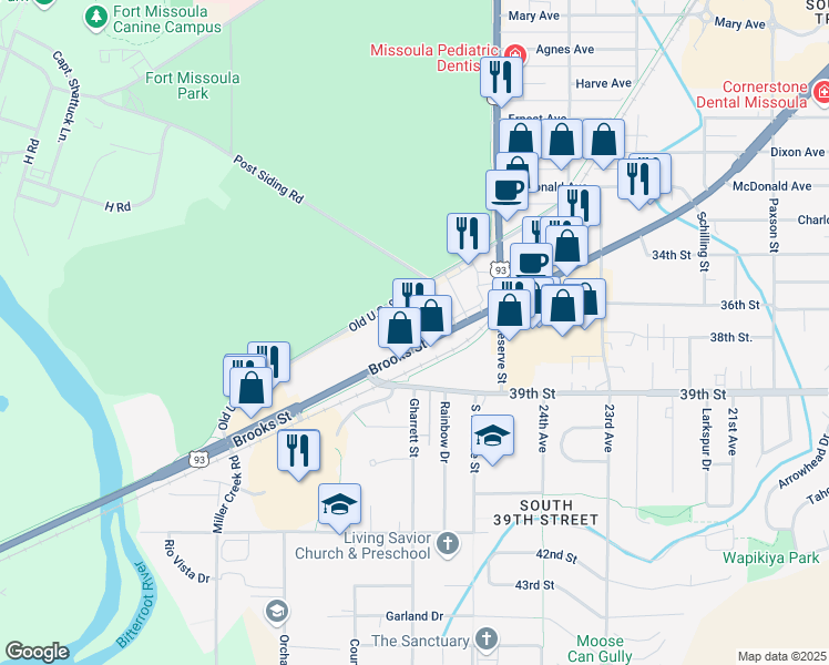 map of restaurants, bars, coffee shops, grocery stores, and more near 3901 Brooks Street in Missoula