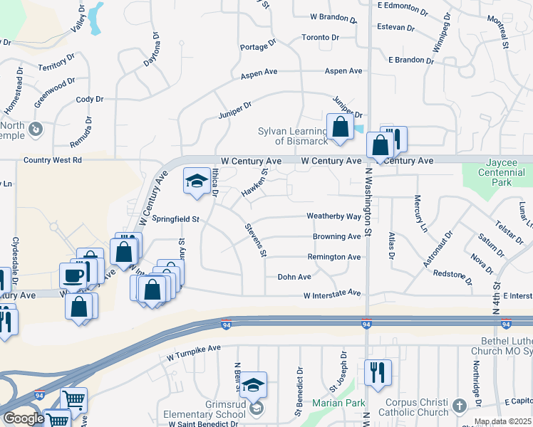 map of restaurants, bars, coffee shops, grocery stores, and more near 612 Weatherby Way in Bismarck