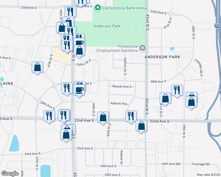 map of restaurants, bars, coffee shops, grocery stores, and more near 4288 Russet Ave S in Fargo