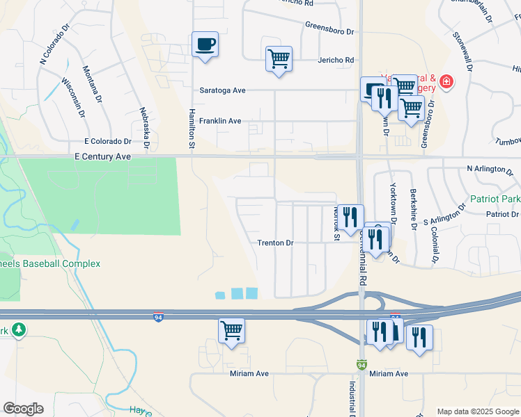 map of restaurants, bars, coffee shops, grocery stores, and more near 2500 Centennial Road in Bismarck