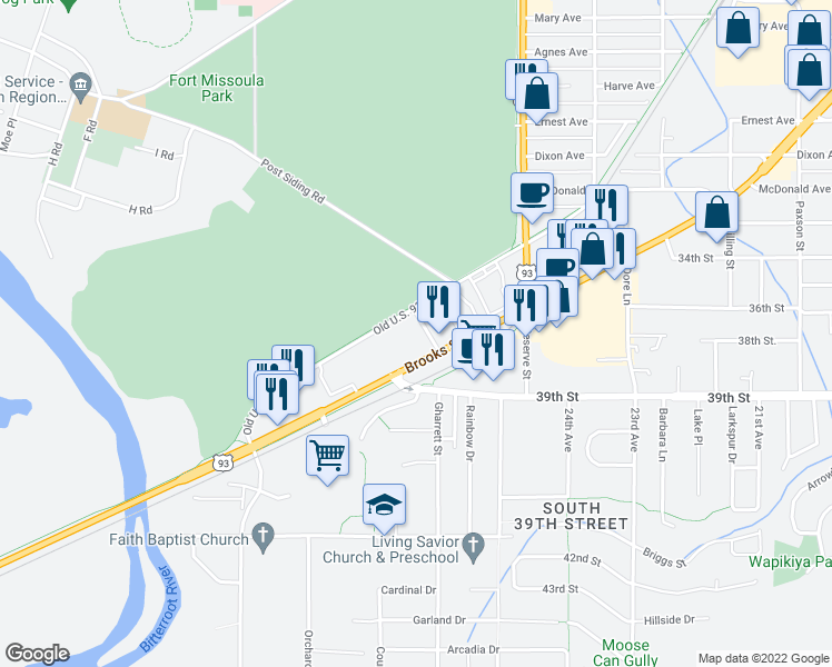 map of restaurants, bars, coffee shops, grocery stores, and more near 3901 Brooks Street in Missoula