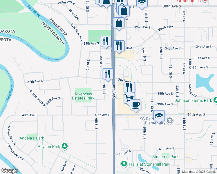 map of restaurants, bars, coffee shops, grocery stores, and more near 3701-3803 8th Street South in Moorhead
