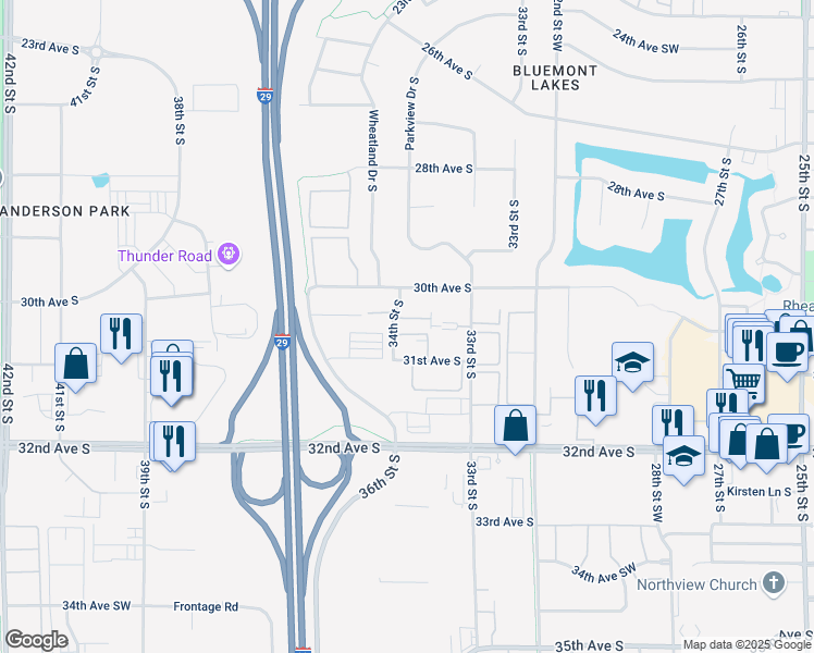 map of restaurants, bars, coffee shops, grocery stores, and more near 3064 34th Street South in Fargo