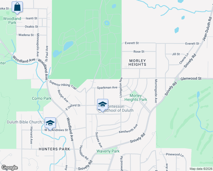 map of restaurants, bars, coffee shops, grocery stores, and more near 415 Sparkman Avenue in Duluth