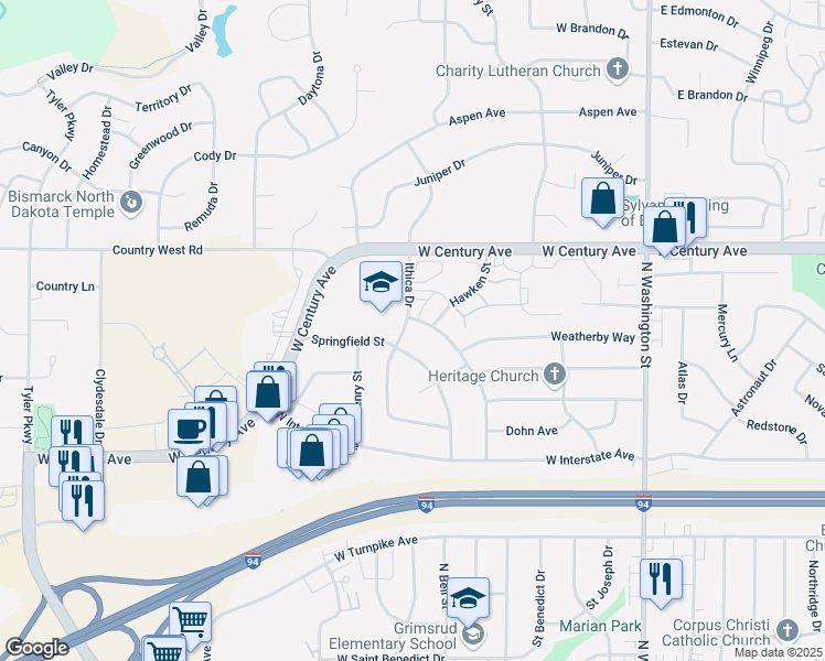 map of restaurants, bars, coffee shops, grocery stores, and more near 2726 Stevens Street in Bismarck