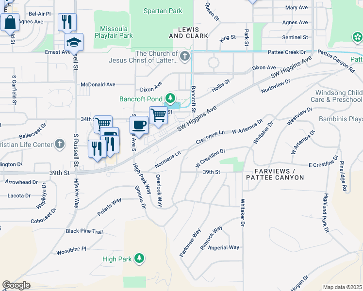 map of restaurants, bars, coffee shops, grocery stores, and more near 801 Crestmont Way in Missoula
