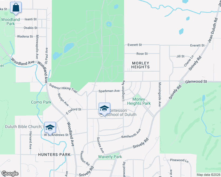 map of restaurants, bars, coffee shops, grocery stores, and more near 415 Sparkman Avenue in Duluth