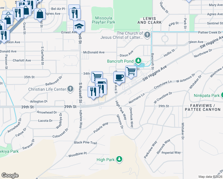 map of restaurants, bars, coffee shops, grocery stores, and more near 3819 Stephens Avenue South in Missoula